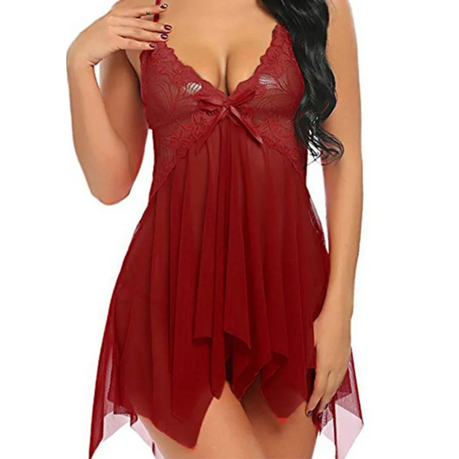 PAPANA Women Sexy Nightwear See Through Plus Size S-XXXL Lace Nightgown Sleepwear Dress G-String Sexi Lingerie Robe