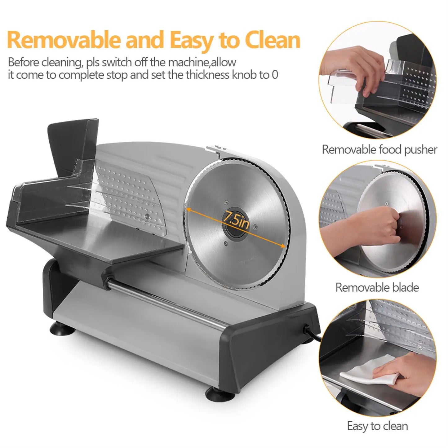Electric Meat Slicer Machine – 7.5" Stainless Steel Blade | Adjustable Thickness 0.1–15mm | Professional Food Cutter for Meat, Bread, Cheese & Vegetables