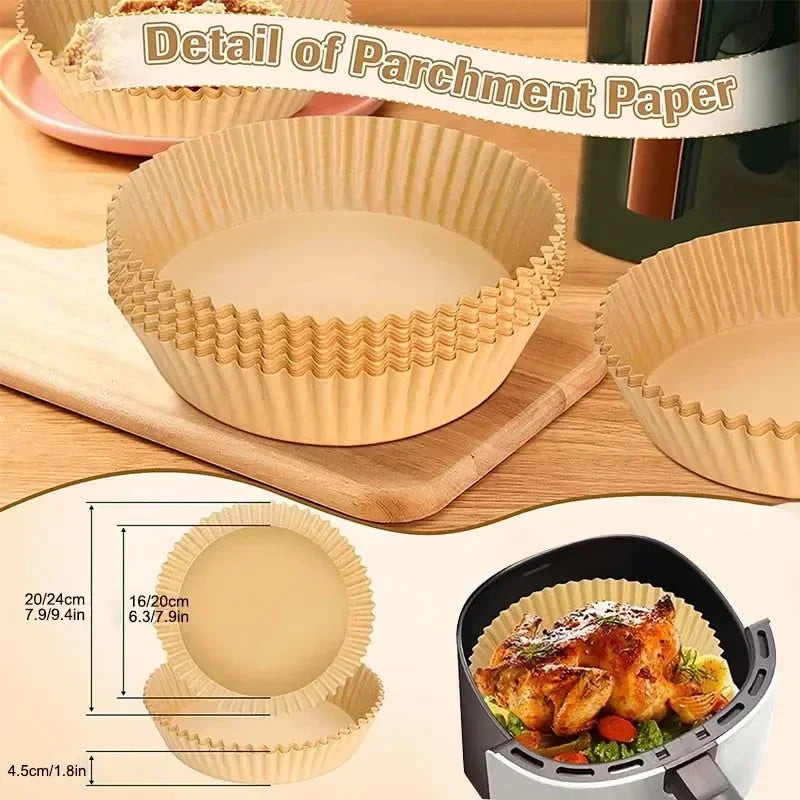 50pcs Air Fryer Disposable Paper Liners – Non-Stick Baking Parchment, Natural Wood Pulp, Heat Resistant Steamer Paper for Air Fryer, Cake & Pizza Accessories