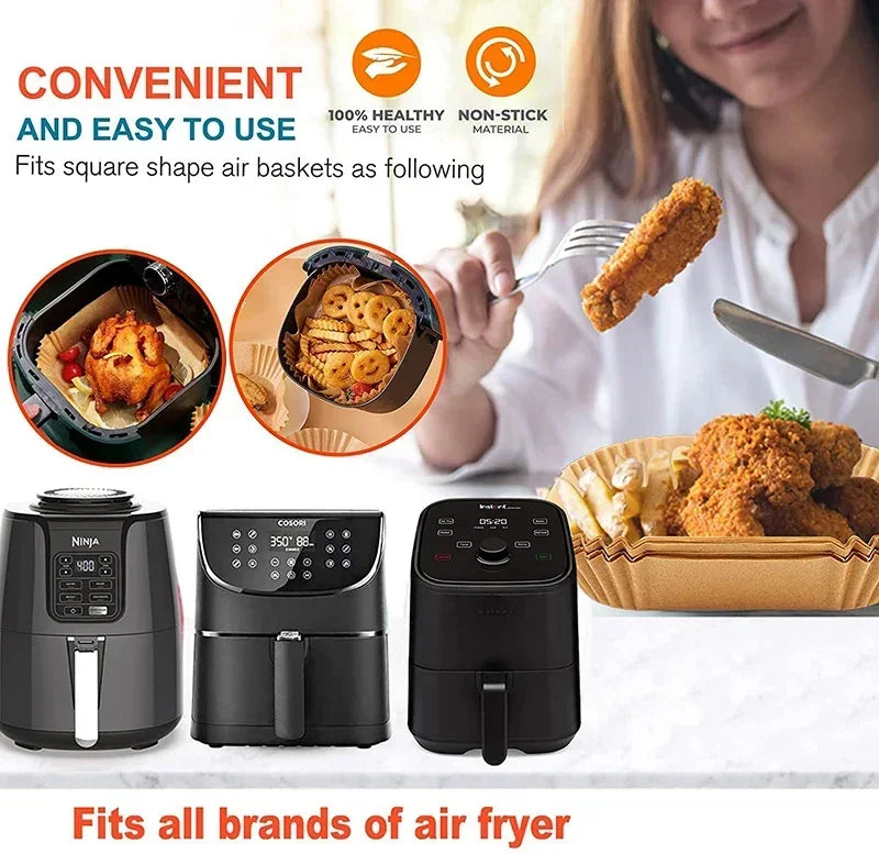 50pcs Air Fryer Disposable Paper Liners – Non-Stick Baking Parchment, Natural Wood Pulp, Heat Resistant Steamer Paper for Air Fryer, Cake & Pizza Accessories