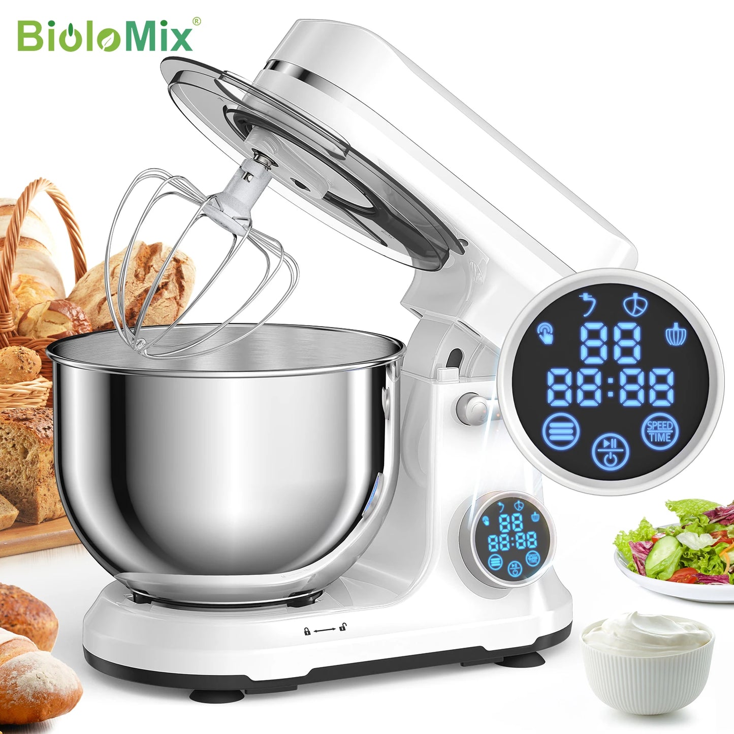 1200W 5L Kitchen Food Stand Mixer – 11-Speed Electric Mixer with Digital OLED Touch Screen, Dough Hook, Flat Beater & Whisk (Quiet DC Motor)