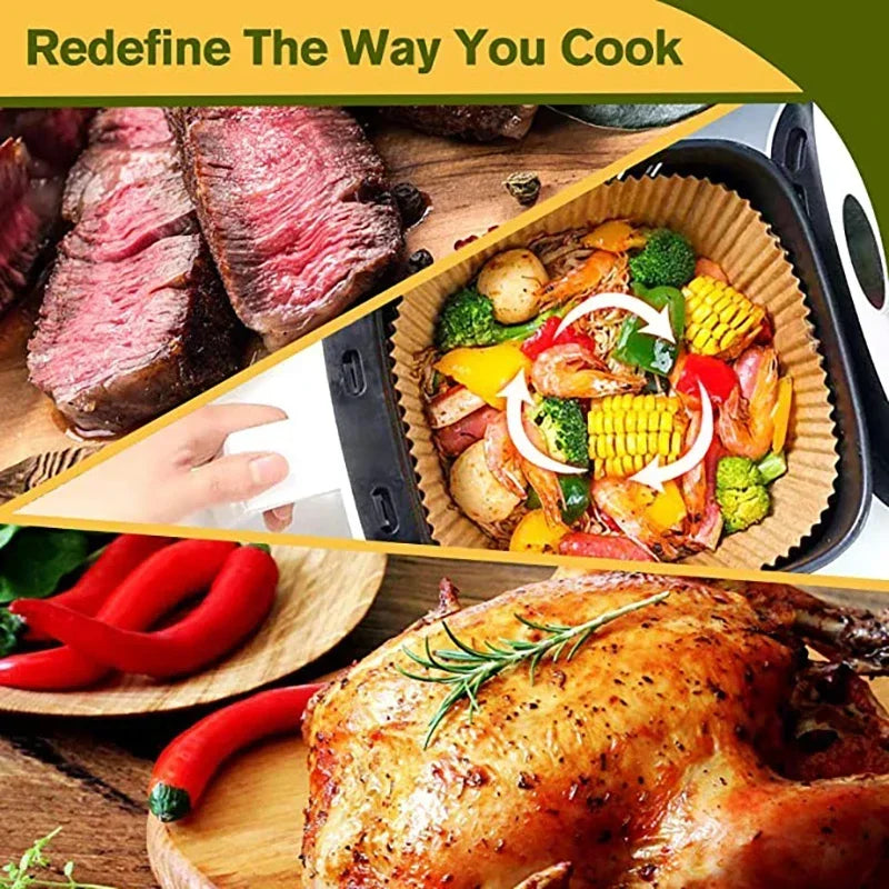 50pcs Air Fryer Disposable Paper Liners – Non-Stick Baking Parchment, Natural Wood Pulp, Heat Resistant Steamer Paper for Air Fryer, Cake & Pizza Accessories