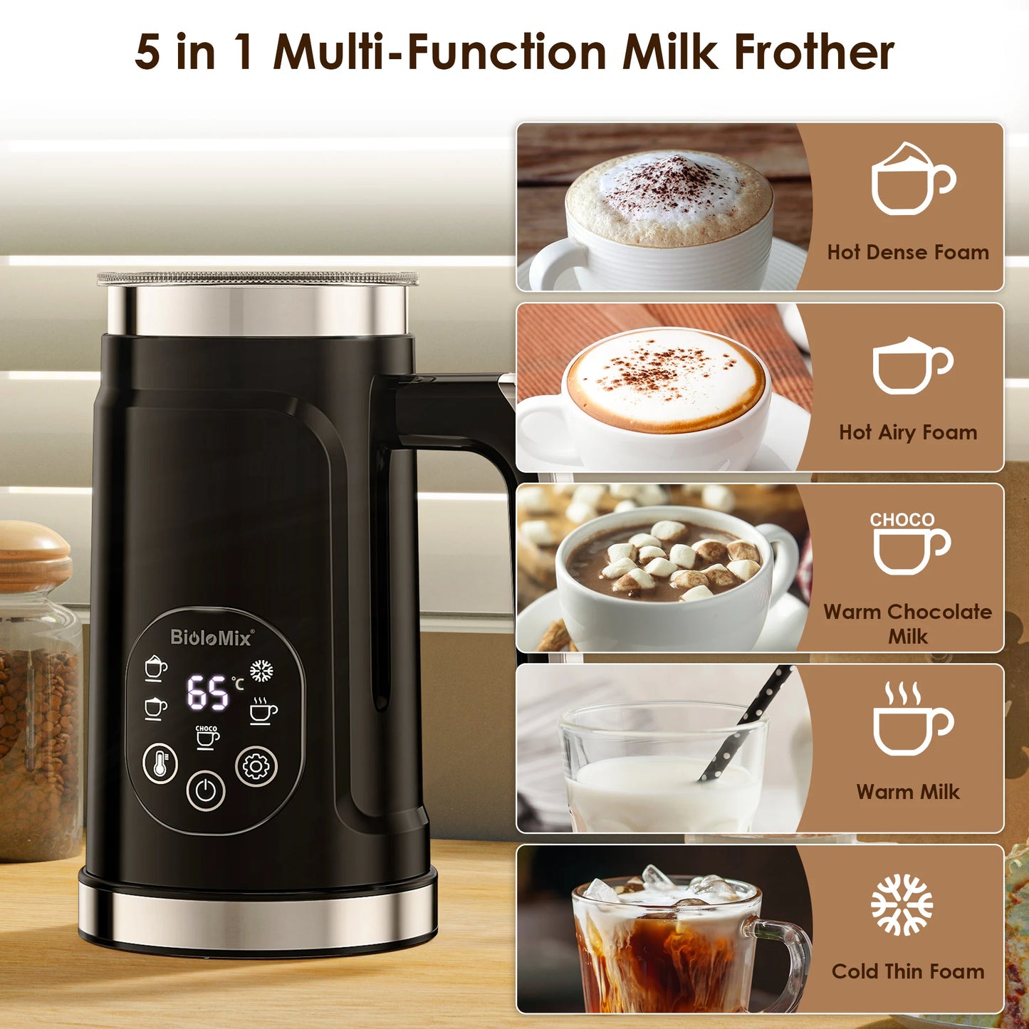 Papana 5-in-1 Milk Frother – LED Touch Screen | Hot & Cold Foam Maker & Milk Warmer | 500W Electric Barista-Style Latte Foam at Home – Black / White