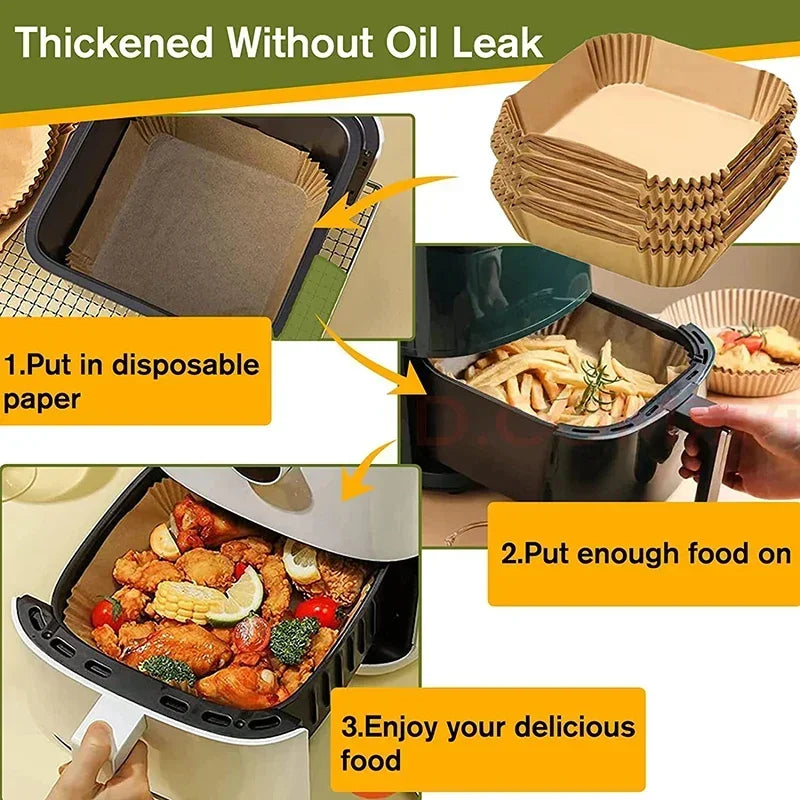 50pcs Air Fryer Disposable Paper Liners – Non-Stick Baking Parchment, Natural Wood Pulp, Heat Resistant Steamer Paper for Air Fryer, Cake & Pizza Accessories