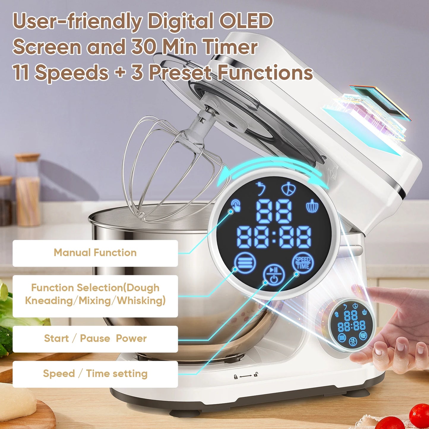 1200W 5L Kitchen Food Stand Mixer – 11-Speed Electric Mixer with Digital OLED Touch Screen, Dough Hook, Flat Beater & Whisk (Quiet DC Motor)